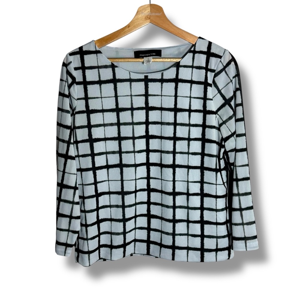 Jones New York Off-White/Black Checkered Long-Sleeve Lined Top
